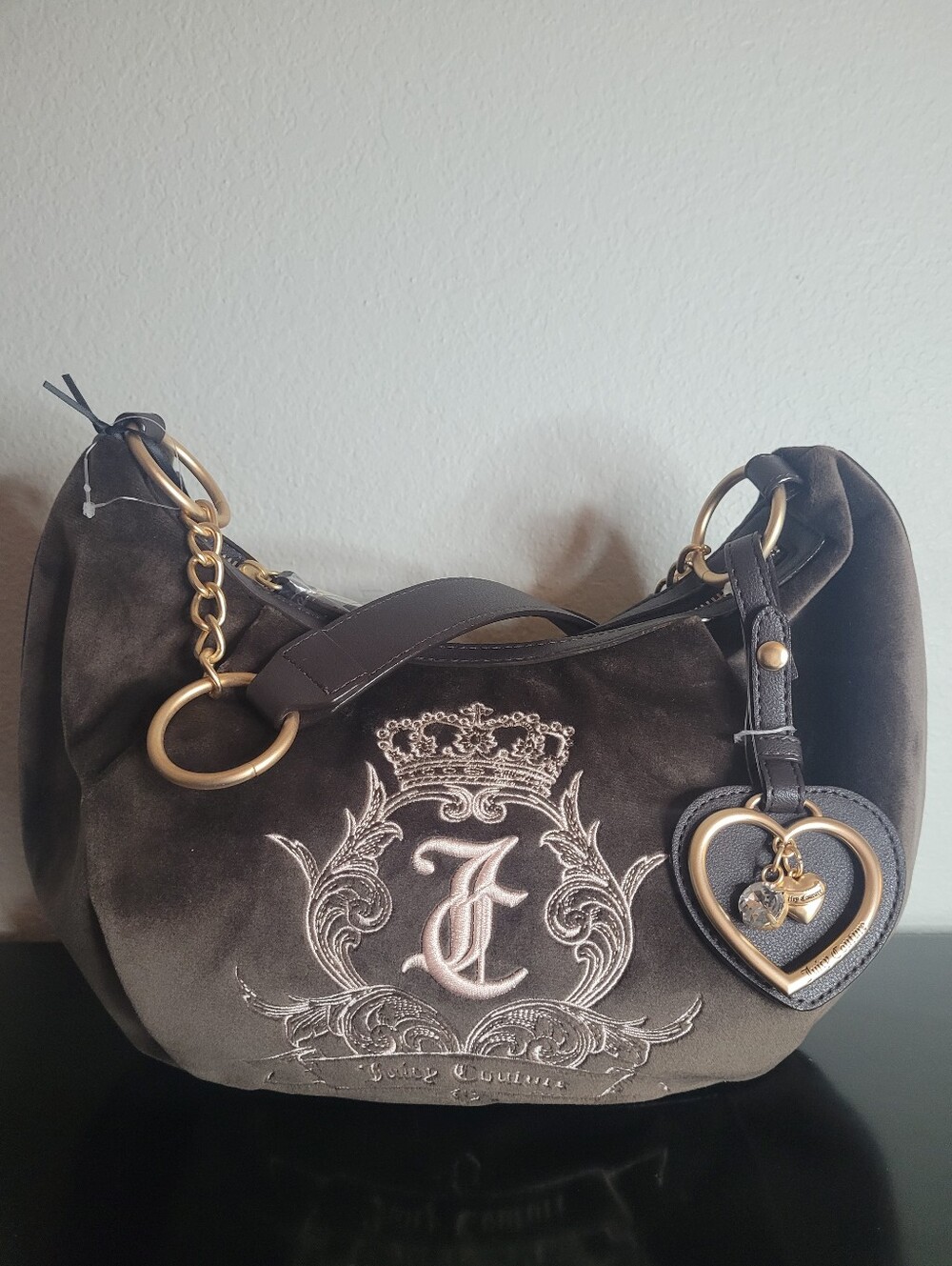 Juicy Couture Dark Brown Velvet Crest Hobo with Gold Heart Charm - Picture 2 of 6